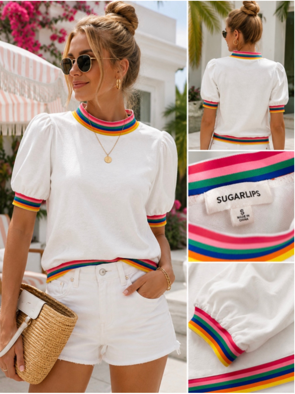 Sugarlips Women’s Small White Rainbow Trim Puff Sleeve Sweatshirt Top
